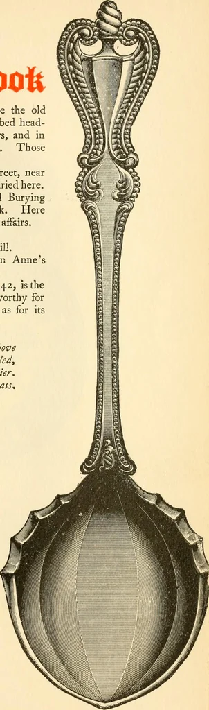 An illustration from Georgian : a pattern of spoons, forks and all other pieces of table flat ware is partly shown in this book, in which is also given an account of the chief events of the War of the Revolution and the acts of oppression which preceded and provoked it ; to which are added sundry pictures of places and things identified with this momentous conflict ..., 1899, leaf 107