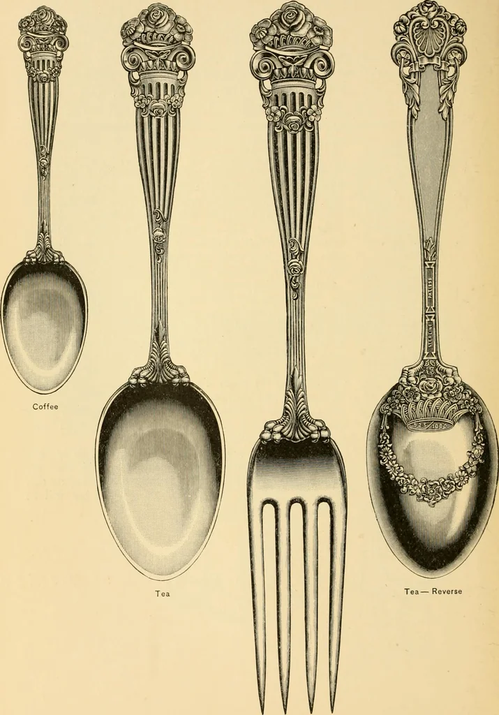 An illustration from Georgian : a pattern of spoons, forks and all other pieces of table flat ware is partly shown in this book, in which is also given an account of the chief events of the War of the Revolution and the acts of oppression which preceded and provoked it ; to which are added sundry pictures of places and things identified with this momentous conflict ..., 1899, leaf 56