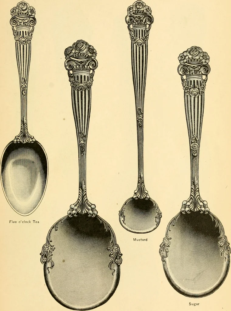 An illustration from Georgian : a pattern of spoons, forks and all other pieces of table flat ware is partly shown in this book, in which is also given an account of the chief events of the War of the Revolution and the acts of oppression which preceded and provoked it ; to which are added sundry pictures of places and things identified with this momentous conflict ..., 1899, leaf 59