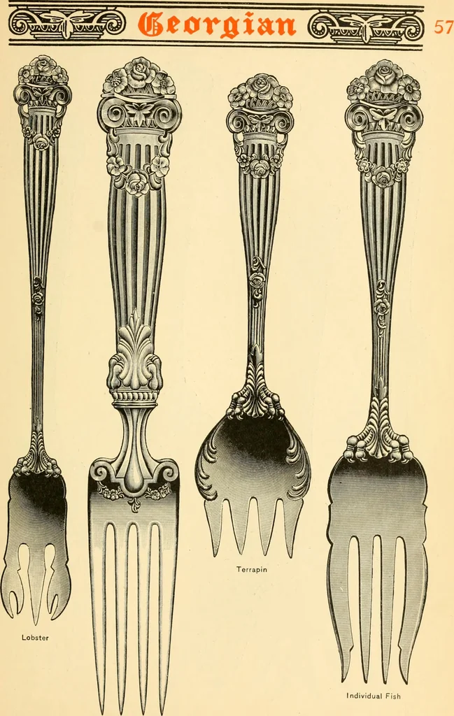 An illustration from Georgian : a pattern of spoons, forks and all other pieces of table flat ware is partly shown in this book, in which is also given an account of the chief events of the War of the Revolution and the acts of oppression which preceded and provoked it ; to which are added sundry pictures of places and things identified with this momentous conflict ..., 1899, leaf 61