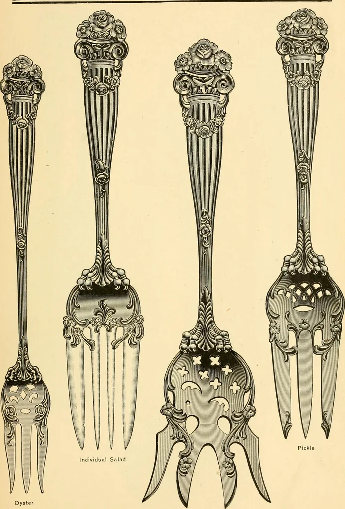An illustration from Georgian : a pattern of spoons, forks and all other pieces of table flat ware is partly shown in this book, in which is also given an account of the chief events of the War of the Revolution and the acts of oppression which preceded and provoked it ; to which are added sundry pictures of places and things identified with this momentous conflict ..., 1899, leaf 63