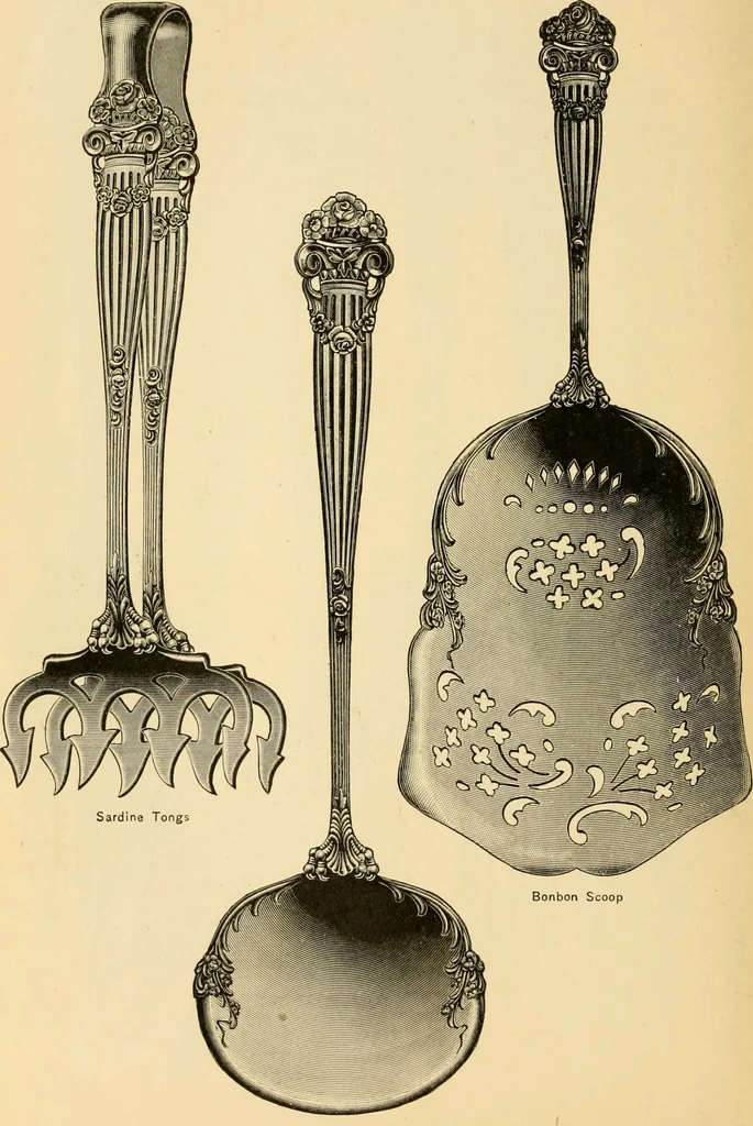 An illustration from Georgian : a pattern of spoons, forks and all other pieces of table flat ware is partly shown in this book, in which is also given an account of the chief events of the War of the Revolution and the acts of oppression which preceded and provoked it ; to which are added sundry pictures of places and things identified with this momentous conflict ..., 1899, leaf 64