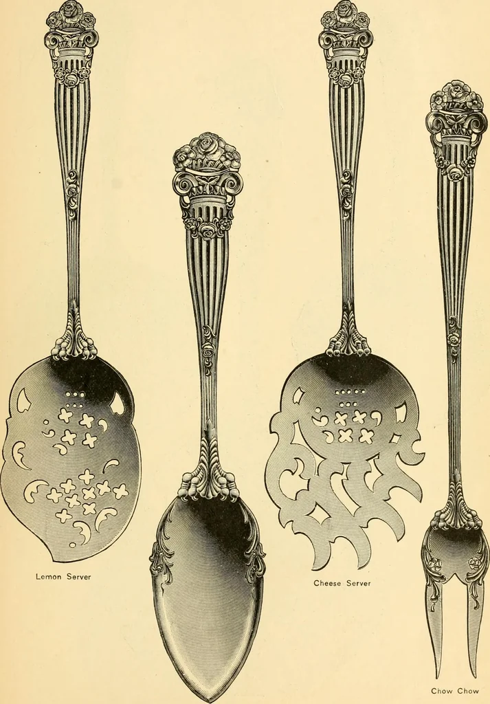 An illustration from Georgian : a pattern of spoons, forks and all other pieces of table flat ware is partly shown in this book, in which is also given an account of the chief events of the War of the Revolution and the acts of oppression which preceded and provoked it ; to which are added sundry pictures of places and things identified with this momentous conflict ..., 1899, leaf 65