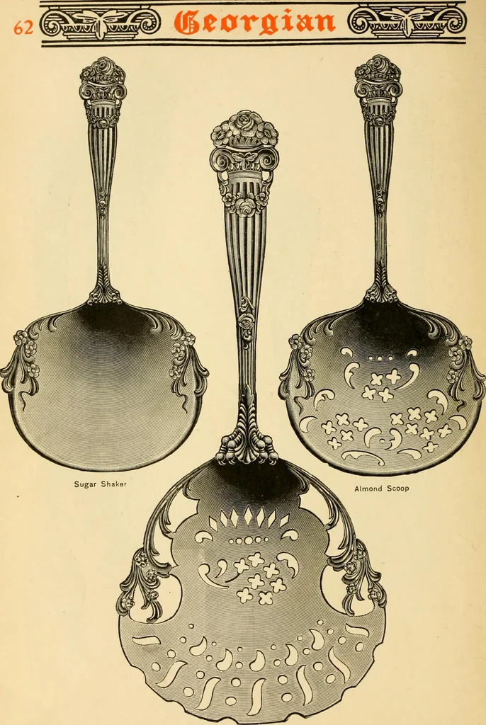 An illustration from Georgian : a pattern of spoons, forks and all other pieces of table flat ware is partly shown in this book, in which is also given an account of the chief events of the War of the Revolution and the acts of oppression which preceded and provoked it ; to which are added sundry pictures of places and things identified with this momentous conflict ..., 1899, leaf 66