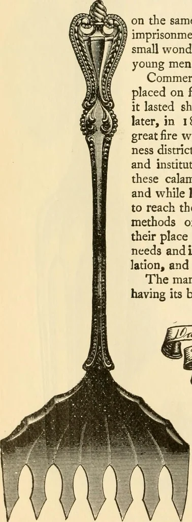 An illustration from Georgian : a pattern of spoons, forks and all other pieces of table flat ware is partly shown in this book, in which is also given an account of the chief events of the War of the Revolution and the acts of oppression which preceded and provoked it ; to which are added sundry pictures of places and things identified with this momentous conflict ..., 1899, leaf 74
