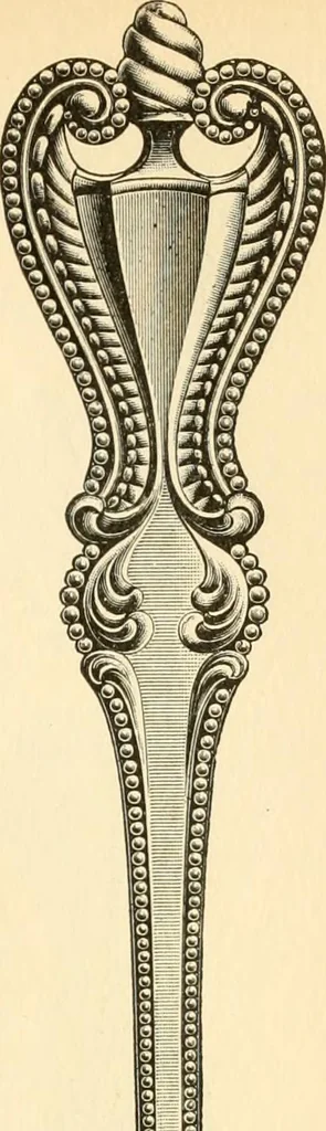 An illustration from Georgian : a pattern of spoons, forks and all other pieces of table flat ware is partly shown in this book, in which is also given an account of the chief events of the War of the Revolution and the acts of oppression which preceded and provoked it ; to which are added sundry pictures of places and things identified with this momentous conflict ..., 1899, leaf 77