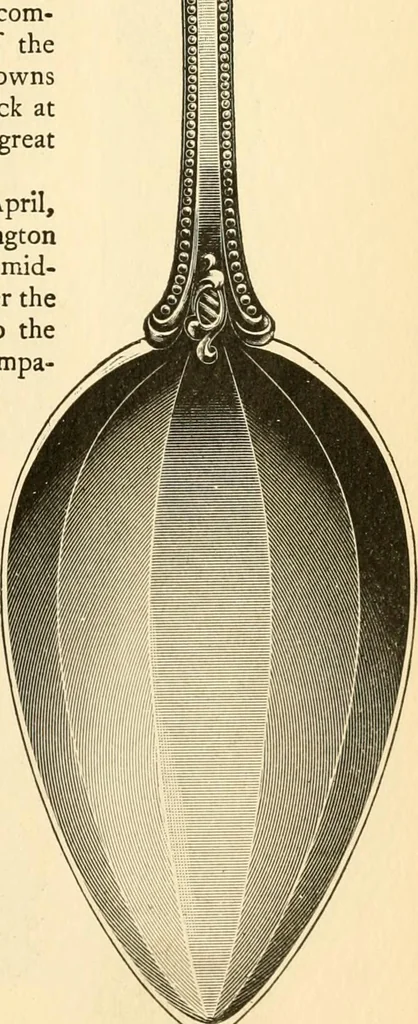 An illustration from Georgian : a pattern of spoons, forks and all other pieces of table flat ware is partly shown in this book, in which is also given an account of the chief events of the War of the Revolution and the acts of oppression which preceded and provoked it ; to which are added sundry pictures of places and things identified with this momentous conflict ..., 1899, leaf 77