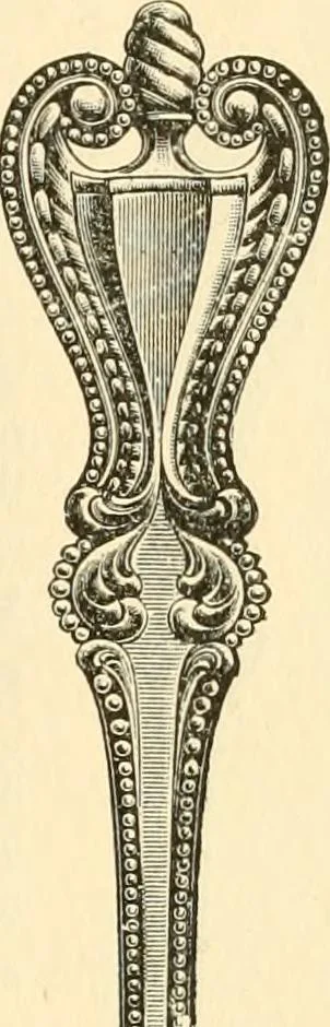 An illustration from Georgian : a pattern of spoons, forks and all other pieces of table flat ware is partly shown in this book, in which is also given an account of the chief events of the War of the Revolution and the acts of oppression which preceded and provoked it ; to which are added sundry pictures of places and things identified with this momentous conflict ..., 1899, leaf 79