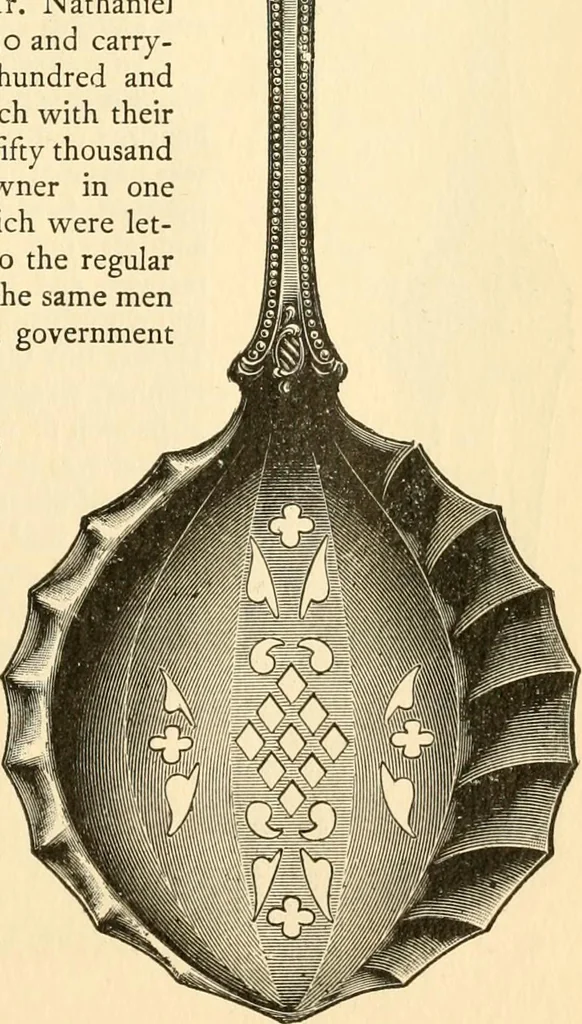 An illustration from Georgian : a pattern of spoons, forks and all other pieces of table flat ware is partly shown in this book, in which is also given an account of the chief events of the War of the Revolution and the acts of oppression which preceded and provoked it ; to which are added sundry pictures of places and things identified with this momentous conflict ..., 1899, leaf 79