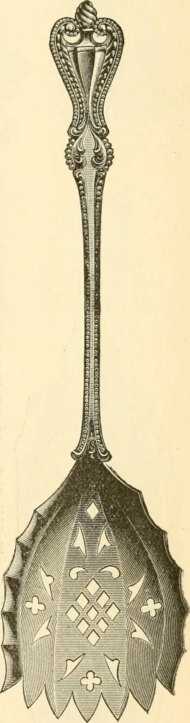 An illustration from Georgian : a pattern of spoons, forks and all other pieces of table flat ware is partly shown in this book, in which is also given an account of the chief events of the War of the Revolution and the acts of oppression which preceded and provoked it ; to which are added sundry pictures of places and things identified with this momentous conflict ..., 1899, leaf 85