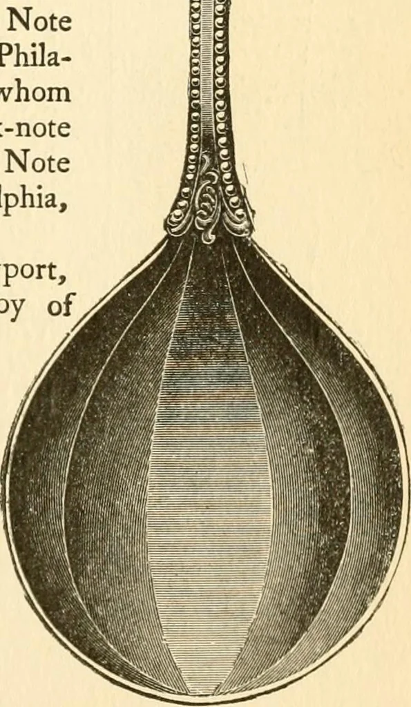 An illustration from Georgian : a pattern of spoons, forks and all other pieces of table flat ware is partly shown in this book, in which is also given an account of the chief events of the War of the Revolution and the acts of oppression which preceded and provoked it ; to which are added sundry pictures of places and things identified with this momentous conflict ..., 1899, leaf 91