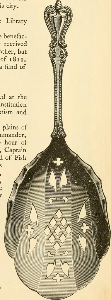 An illustration from Georgian : a pattern of spoons, forks and all other pieces of table flat ware is partly shown in this book, in which is also given an account of the chief events of the War of the Revolution and the acts of oppression which preceded and provoked it ; to which are added sundry pictures of places and things identified with this momentous conflict ..., 1899, leaf 93