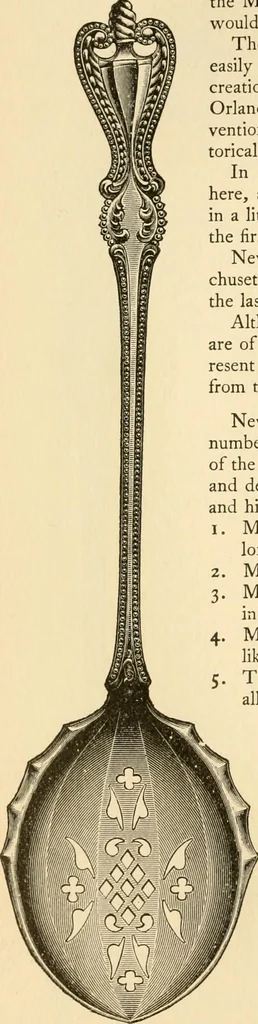 An illustration from Georgian : a pattern of spoons, forks and all other pieces of table flat ware is partly shown in this book, in which is also given an account of the chief events of the War of the Revolution and the acts of oppression which preceded and provoked it ; to which are added sundry pictures of places and things identified with this momentous conflict ..., 1899, leaf 96