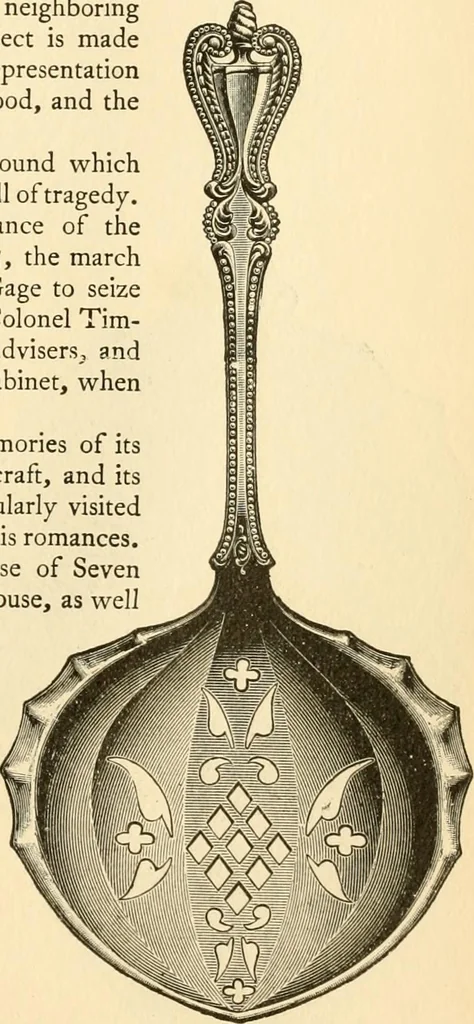 An illustration from Georgian : a pattern of spoons, forks and all other pieces of table flat ware is partly shown in this book, in which is also given an account of the chief events of the War of the Revolution and the acts of oppression which preceded and provoked it ; to which are added sundry pictures of places and things identified with this momentous conflict ..., 1899, leaf 97