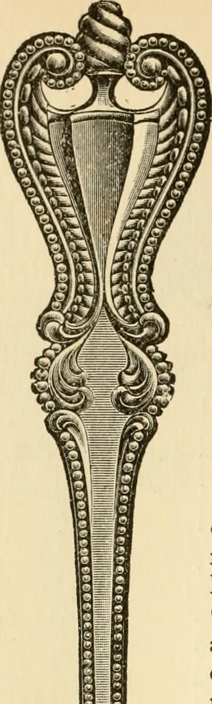 An illustration from Georgian : a pattern of spoons, forks and all other pieces of table flat ware is partly shown in this book, in which is also given an account of the chief events of the War of the Revolution and the acts of oppression which preceded and provoked it ; to which are added sundry pictures of places and things identified with this momentous conflict ..., 1899, leaf 98