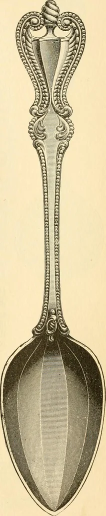 An illustration from Georgian : a pattern of spoons, forks and all other pieces of table flat ware is partly shown in this book, in which is also given an account of the chief events of the War of the Revolution and the acts of oppression which preceded and provoked it ; to which are added sundry pictures of places and things identified with this momentous conflict ..., 1899, leaf 99