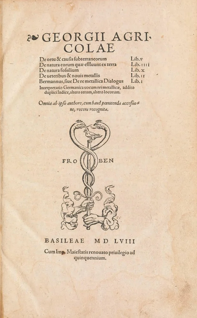 An illustration from Georgii Agricolae De ortu & causis subterraneorum, lib. V ; De natura eorum quæ effluunt ex terra, lib. IIII ; De natura fossilium, lib. X ; De ueteribus & nouis metallis, lib. II ; Bermannus, siue De re metallica dialogus, lib. I, 1558, leaf 5