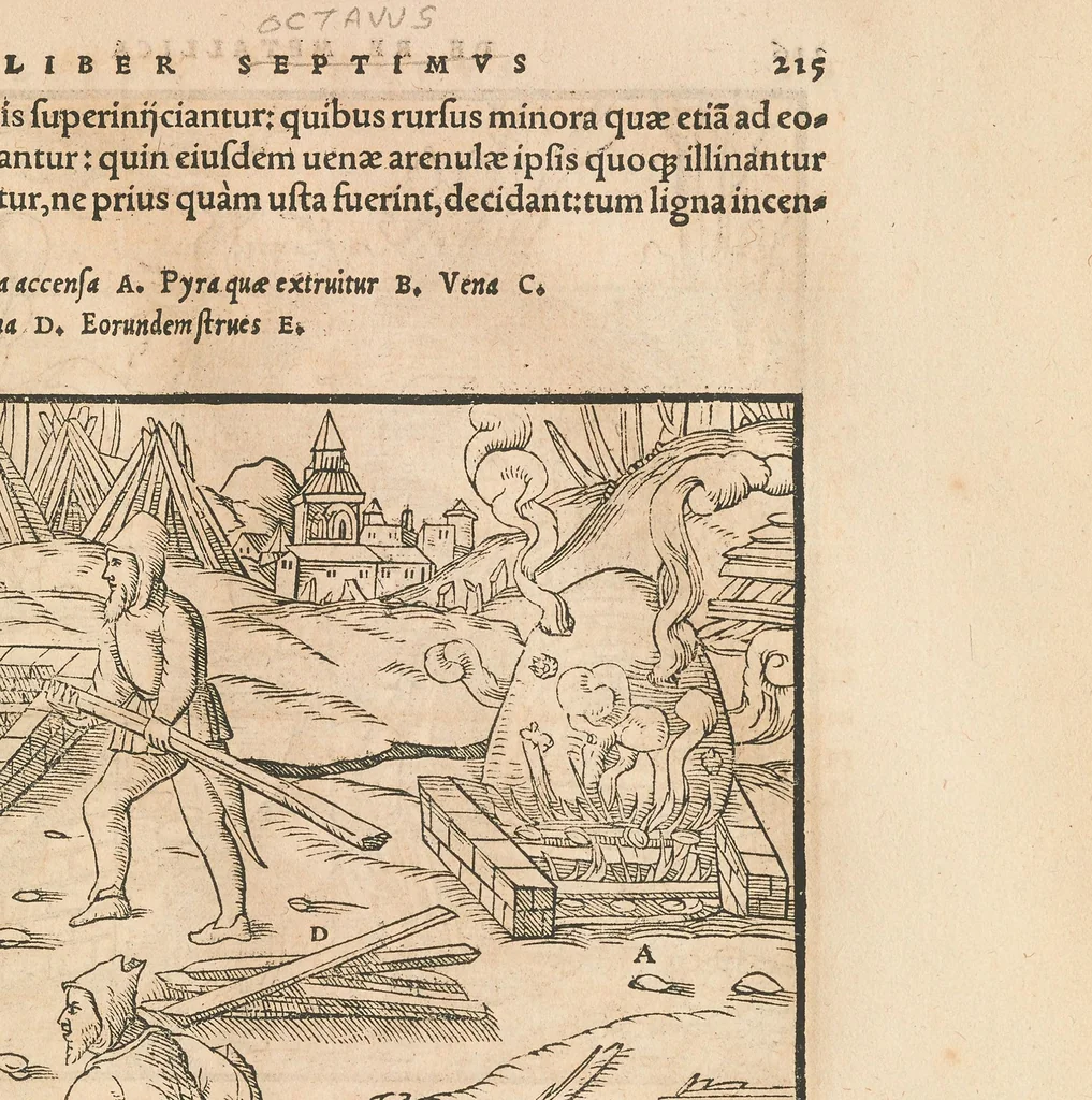 An illustration from Georgii Agricolae De re metallica libri XII quibus officia, instrumenta, machinae, ac omnia deni[que] ad metallicam spectantia, non modo luculentissimè describuntur, sed & per effigies, suis locis insertas, adiunctis latinis, germanicis[que] appellationibus ita ob oculos ponuntur, ut clarius tradi non possint : eiusdem de animantibus subterraneis liber, ab autore recognitus, cum indicibus diuersis, quicquid in opere tractatum est, pulchrè demonstrantibus, 1556, leaf 235