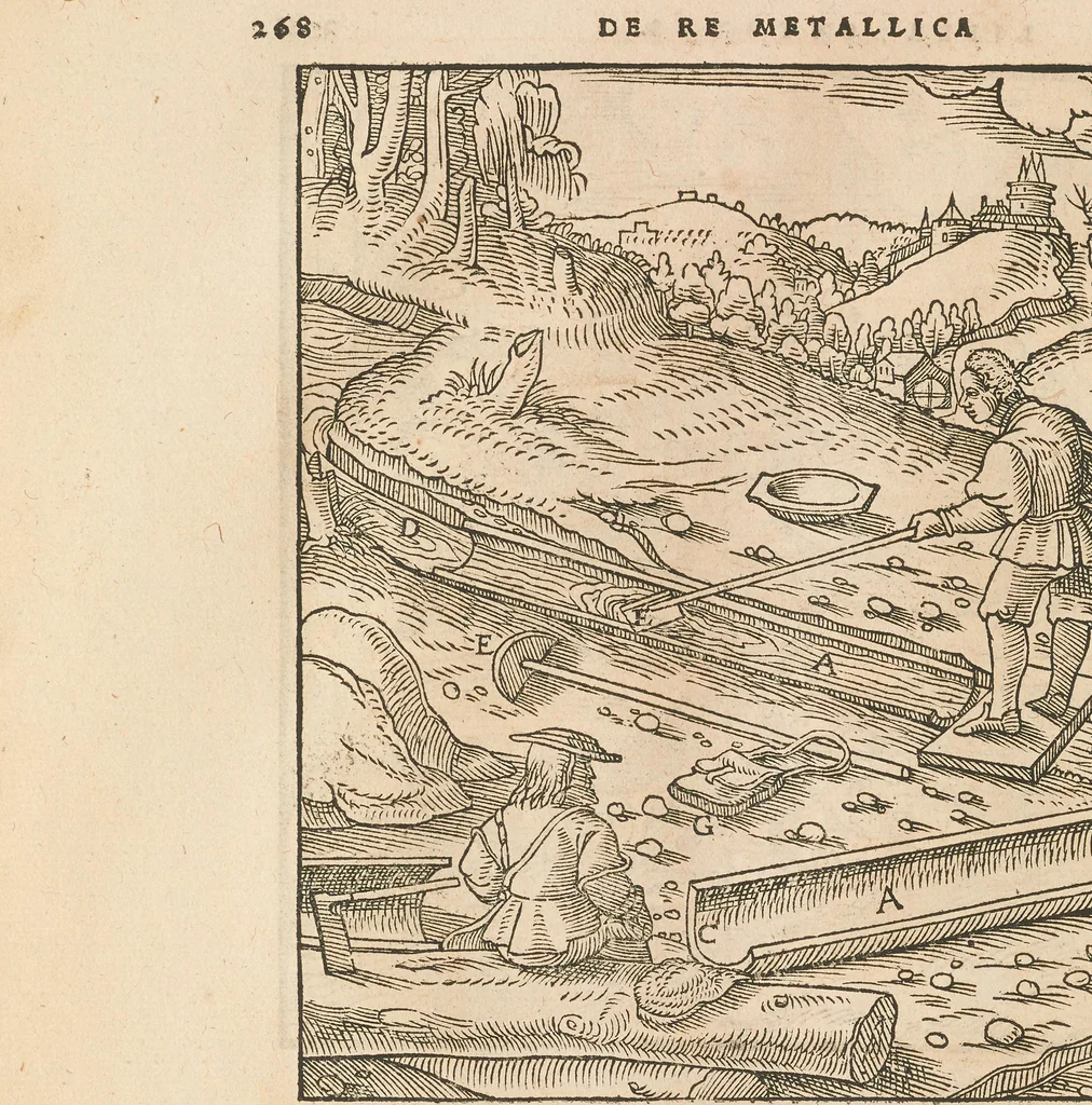 An illustration from Georgii Agricolae De re metallica libri XII quibus officia, instrumenta, machinae, ac omnia deni[que] ad metallicam spectantia, non modo luculentissimè describuntur, sed & per effigies, suis locis insertas, adiunctis latinis, germanicis[que] appellationibus ita ob oculos ponuntur, ut clarius tradi non possint : eiusdem de animantibus subterraneis liber, ab autore recognitus, cum indicibus diuersis, quicquid in opere tractatum est, pulchrè demonstrantibus, 1556, leaf 288