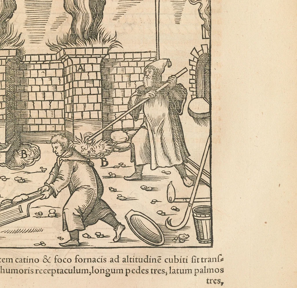 An illustration from Georgii Agricolae De re metallica libri XII quibus officia, instrumenta, machinae, ac omnia deni[que] ad metallicam spectantia, non modo luculentissimè describuntur, sed & per effigies, suis locis insertas, adiunctis latinis, germanicis[que] appellationibus ita ob oculos ponuntur, ut clarius tradi non possint : eiusdem de animantibus subterraneis liber, ab autore recognitus, cum indicibus diuersis, quicquid in opere tractatum est, pulchrè demonstrantibus, 1556, leaf 307