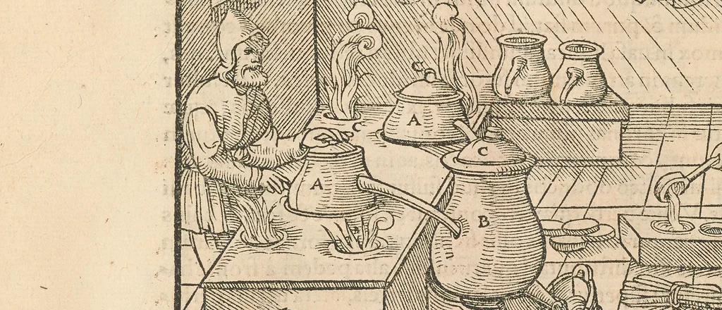 An illustration from Georgii Agricolae De re metallica libri XII quibus officia, instrumenta, machinae, ac omnia deni[que] ad metallicam spectantia, non modo luculentissimè describuntur, sed & per effigies, suis locis insertas, adiunctis latinis, germanicis[que] appellationibus ita ob oculos ponuntur, ut clarius tradi non possint : eiusdem de animantibus subterraneis liber, ab autore recognitus, cum indicibus diuersis, quicquid in opere tractatum est, pulchrè demonstrantibus, 1556, leaf 486
