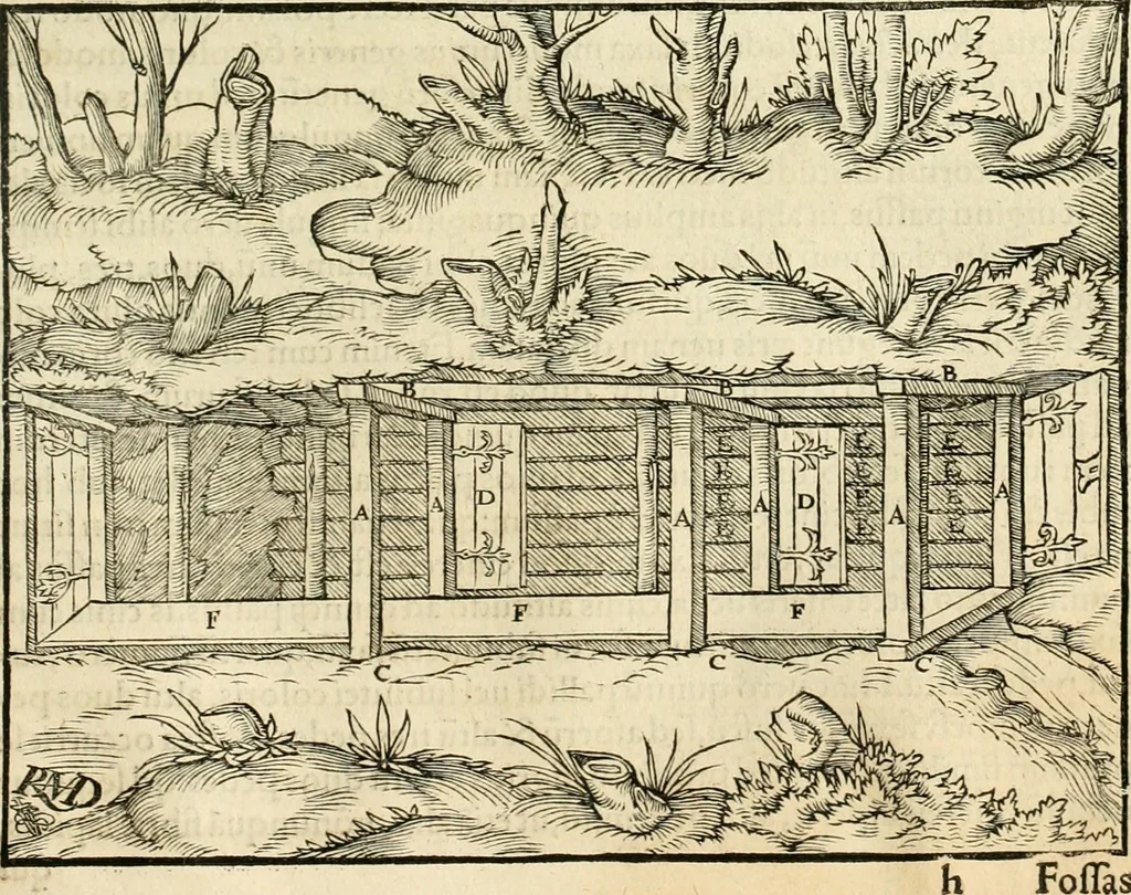 An illustration from Georgii Agricolae De re metallica libri XII. qvibus officia, instrumenta, machinae, ac omnia deni ad metallicam spectantia, non modo luculentissimè describuntur, sed & per effigies, suis locis insertas, adiunctis latinis, germanicis appellationibus ita ob oculos ponuntur, ut clarius tradi non possint. Eivsdem De animantibvs svbterraneis liber, ab autore recognitus: cum indicibus diuersis, quicqiuid in opere tractatum est, pulchré demonstrantibus, 1556, leaf 100