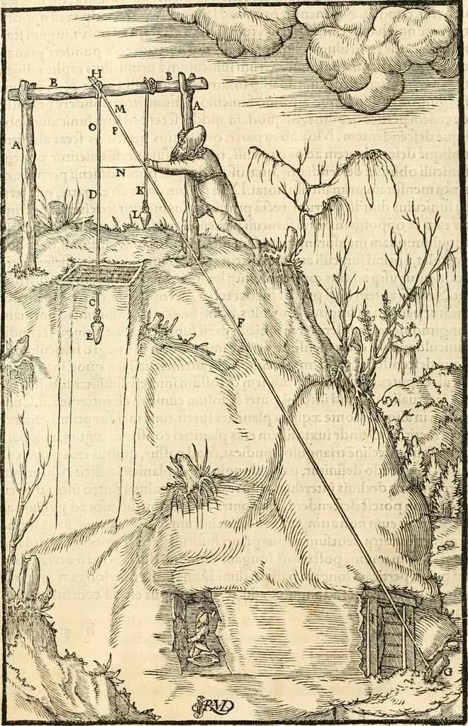 An illustration from Georgii Agricolae De re metallica libri XII. qvibus officia, instrumenta, machinae, ac omnia deni ad metallicam spectantia, non modo luculentissimè describuntur, sed & per effigies, suis locis insertas, adiunctis latinis, germanicis appellationibus ita ob oculos ponuntur, ut clarius tradi non possint. Eivsdem De animantibvs svbterraneis liber, ab autore recognitus: cum indicibus diuersis, quicqiuid in opere tractatum est, pulchré demonstrantibus, 1556, leaf 105
