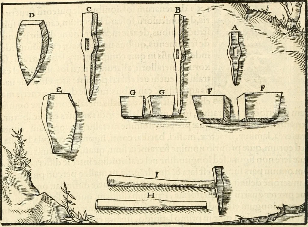 An illustration from Georgii Agricolae De re metallica libri XII. qvibus officia, instrumenta, machinae, ac omnia deni ad metallicam spectantia, non modo luculentissimè describuntur, sed & per effigies, suis locis insertas, adiunctis latinis, germanicis appellationibus ita ob oculos ponuntur, ut clarius tradi non possint. Eivsdem De animantibvs svbterraneis liber, ab autore recognitus: cum indicibus diuersis, quicqiuid in opere tractatum est, pulchré demonstrantibus, 1556, leaf 127