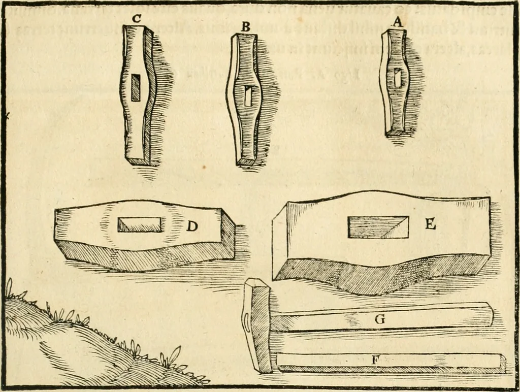 An illustration from Georgii Agricolae De re metallica libri XII. qvibus officia, instrumenta, machinae, ac omnia deni ad metallicam spectantia, non modo luculentissimè describuntur, sed & per effigies, suis locis insertas, adiunctis latinis, germanicis appellationibus ita ob oculos ponuntur, ut clarius tradi non possint. Eivsdem De animantibvs svbterraneis liber, ab autore recognitus: cum indicibus diuersis, quicqiuid in opere tractatum est, pulchré demonstrantibus, 1556, leaf 128