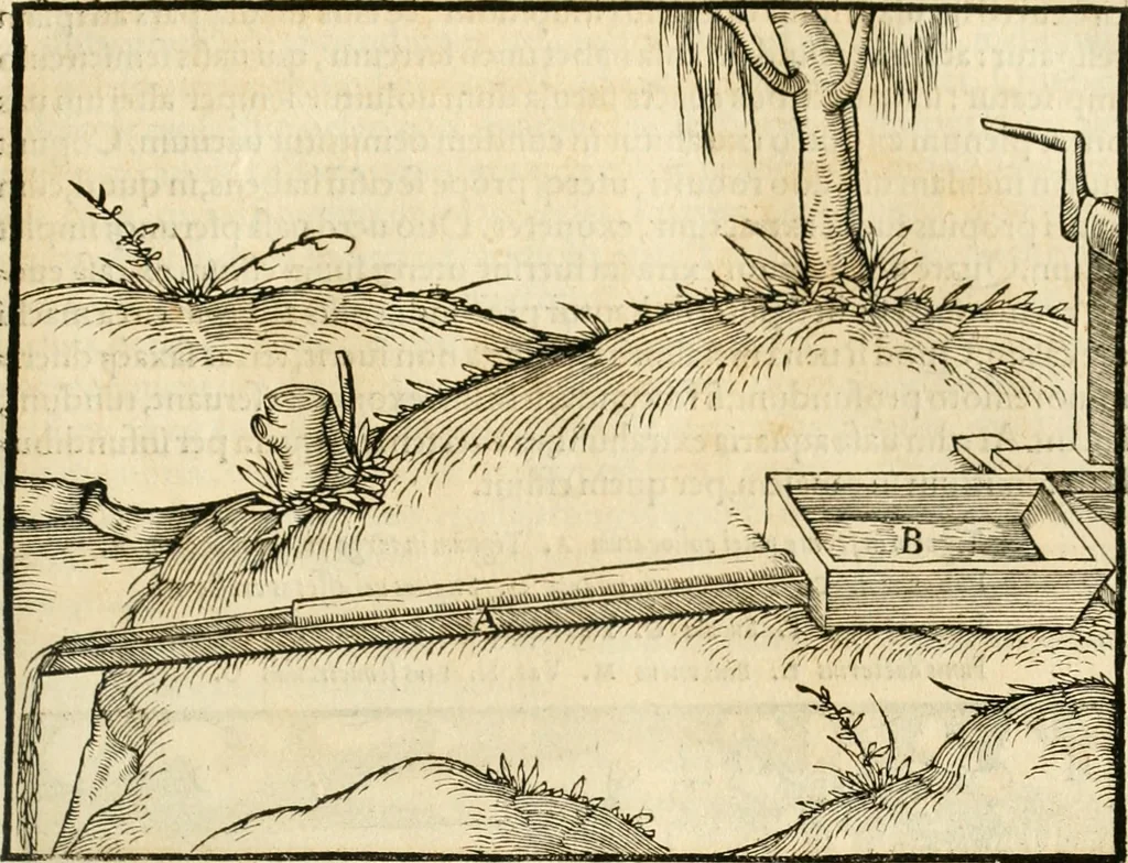 An illustration from Georgii Agricolae De re metallica libri XII. qvibus officia, instrumenta, machinae, ac omnia deni ad metallicam spectantia, non modo luculentissimè describuntur, sed & per effigies, suis locis insertas, adiunctis latinis, germanicis appellationibus ita ob oculos ponuntur, ut clarius tradi non possint. Eivsdem De animantibvs svbterraneis liber, ab autore recognitus: cum indicibus diuersis, quicqiuid in opere tractatum est, pulchré demonstrantibus, 1556, leaf 136