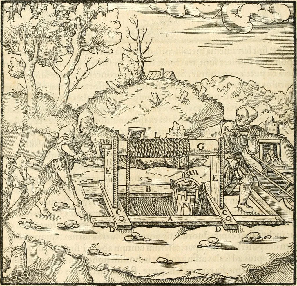 An illustration from Georgii Agricolae De re metallica libri XII. qvibus officia, instrumenta, machinae, ac omnia deni ad metallicam spectantia, non modo luculentissimè describuntur, sed & per effigies, suis locis insertas, adiunctis latinis, germanicis appellationibus ita ob oculos ponuntur, ut clarius tradi non possint. Eivsdem De animantibvs svbterraneis liber, ab autore recognitus: cum indicibus diuersis, quicqiuid in opere tractatum est, pulchré demonstrantibus, 1556, leaf 137