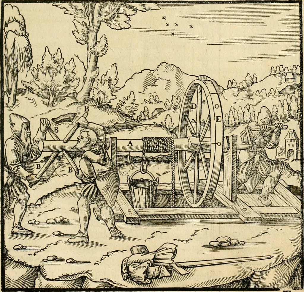 An illustration from Georgii Agricolae De re metallica libri XII. qvibus officia, instrumenta, machinae, ac omnia deni ad metallicam spectantia, non modo luculentissimè describuntur, sed & per effigies, suis locis insertas, adiunctis latinis, germanicis appellationibus ita ob oculos ponuntur, ut clarius tradi non possint. Eivsdem De animantibvs svbterraneis liber, ab autore recognitus: cum indicibus diuersis, quicqiuid in opere tractatum est, pulchré demonstrantibus, 1556, leaf 138