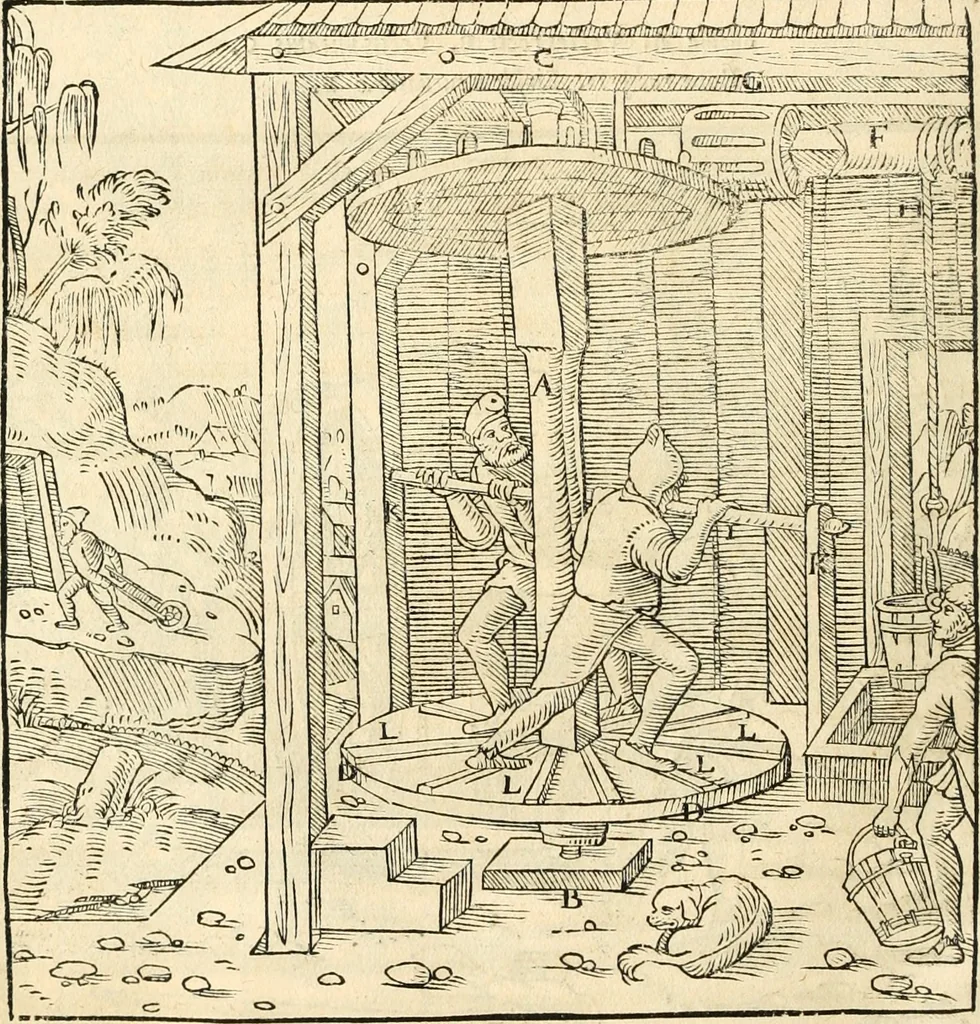 An illustration from Georgii Agricolae De re metallica libri XII. qvibus officia, instrumenta, machinae, ac omnia deni ad metallicam spectantia, non modo luculentissimè describuntur, sed & per effigies, suis locis insertas, adiunctis latinis, germanicis appellationibus ita ob oculos ponuntur, ut clarius tradi non possint. Eivsdem De animantibvs svbterraneis liber, ab autore recognitus: cum indicibus diuersis, quicqiuid in opere tractatum est, pulchré demonstrantibus, 1556, leaf 139