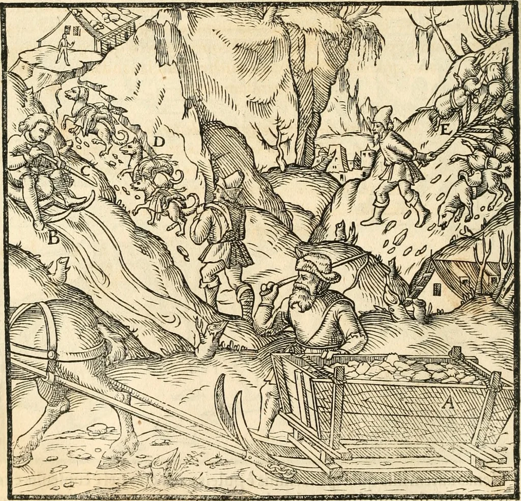 An illustration from Georgii Agricolae De re metallica libri XII. qvibus officia, instrumenta, machinae, ac omnia deni ad metallicam spectantia, non modo luculentissimè describuntur, sed & per effigies, suis locis insertas, adiunctis latinis, germanicis appellationibus ita ob oculos ponuntur, ut clarius tradi non possint. Eivsdem De animantibvs svbterraneis liber, ab autore recognitus: cum indicibus diuersis, quicqiuid in opere tractatum est, pulchré demonstrantibus, 1556, leaf 145