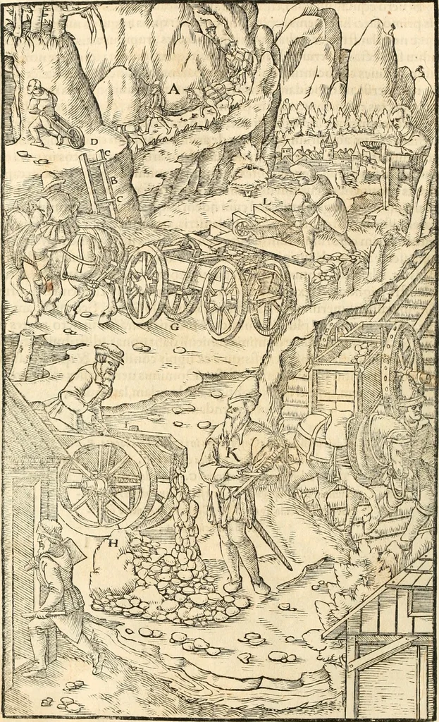 An illustration from Georgii Agricolae De re metallica libri XII. qvibus officia, instrumenta, machinae, ac omnia deni ad metallicam spectantia, non modo luculentissimè describuntur, sed & per effigies, suis locis insertas, adiunctis latinis, germanicis appellationibus ita ob oculos ponuntur, ut clarius tradi non possint. Eivsdem De animantibvs svbterraneis liber, ab autore recognitus: cum indicibus diuersis, quicqiuid in opere tractatum est, pulchré demonstrantibus, 1556, leaf 147