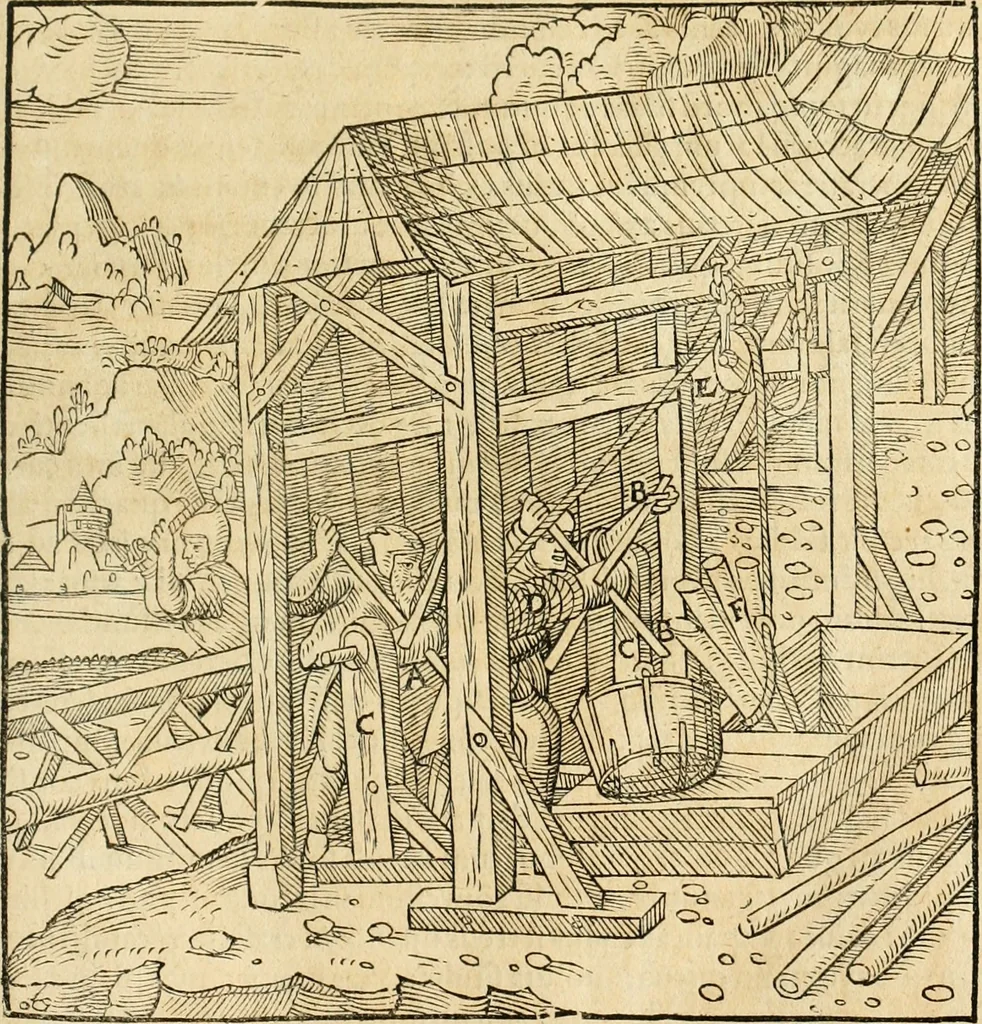 An illustration from Georgii Agricolae De re metallica libri XII. qvibus officia, instrumenta, machinae, ac omnia deni ad metallicam spectantia, non modo luculentissimè describuntur, sed & per effigies, suis locis insertas, adiunctis latinis, germanicis appellationibus ita ob oculos ponuntur, ut clarius tradi non possint. Eivsdem De animantibvs svbterraneis liber, ab autore recognitus: cum indicibus diuersis, quicqiuid in opere tractatum est, pulchré demonstrantibus, 1556, leaf 148