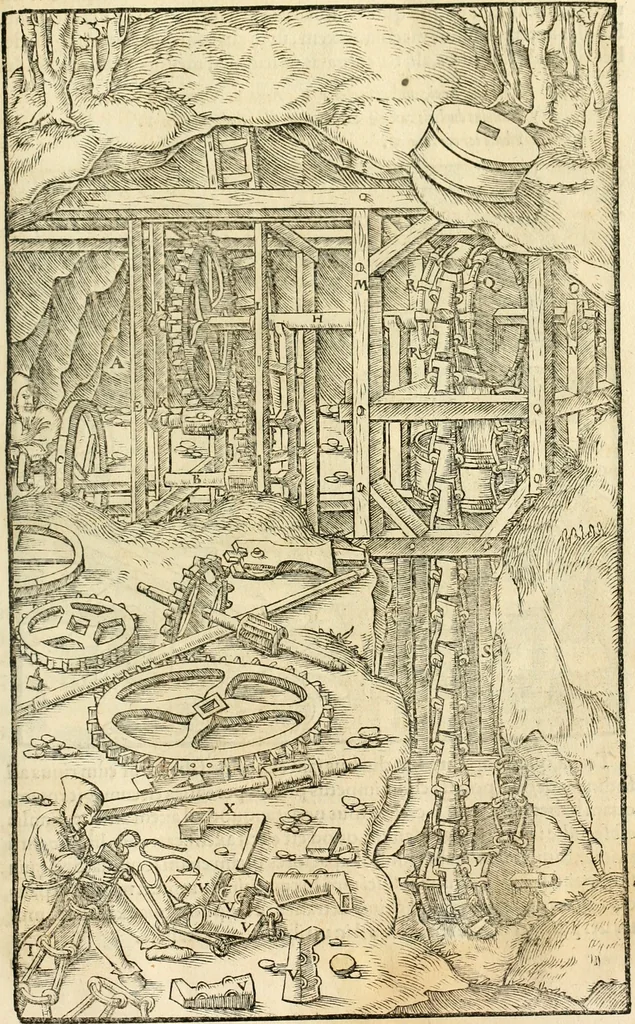 An illustration from Georgii Agricolae De re metallica libri XII. qvibus officia, instrumenta, machinae, ac omnia deni ad metallicam spectantia, non modo luculentissimè describuntur, sed & per effigies, suis locis insertas, adiunctis latinis, germanicis appellationibus ita ob oculos ponuntur, ut clarius tradi non possint. Eivsdem De animantibvs svbterraneis liber, ab autore recognitus: cum indicibus diuersis, quicqiuid in opere tractatum est, pulchré demonstrantibus, 1556, leaf 150