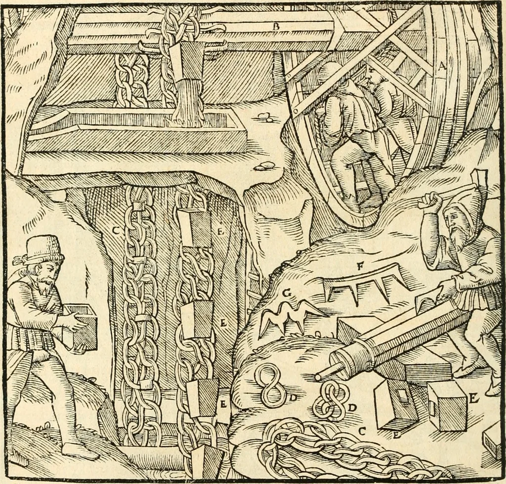 An illustration from Georgii Agricolae De re metallica libri XII. qvibus officia, instrumenta, machinae, ac omnia deni ad metallicam spectantia, non modo luculentissimè describuntur, sed & per effigies, suis locis insertas, adiunctis latinis, germanicis appellationibus ita ob oculos ponuntur, ut clarius tradi non possint. Eivsdem De animantibvs svbterraneis liber, ab autore recognitus: cum indicibus diuersis, quicqiuid in opere tractatum est, pulchré demonstrantibus, 1556, leaf 151