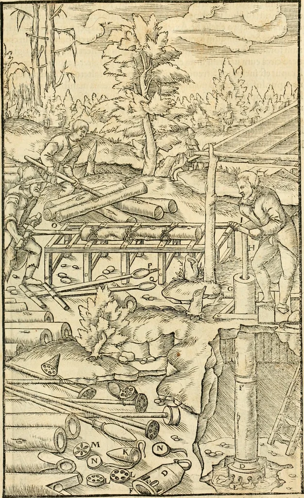 An illustration from Georgii Agricolae De re metallica libri XII. qvibus officia, instrumenta, machinae, ac omnia deni ad metallicam spectantia, non modo luculentissimè describuntur, sed & per effigies, suis locis insertas, adiunctis latinis, germanicis appellationibus ita ob oculos ponuntur, ut clarius tradi non possint. Eivsdem De animantibvs svbterraneis liber, ab autore recognitus: cum indicibus diuersis, quicqiuid in opere tractatum est, pulchré demonstrantibus, 1556, leaf 154