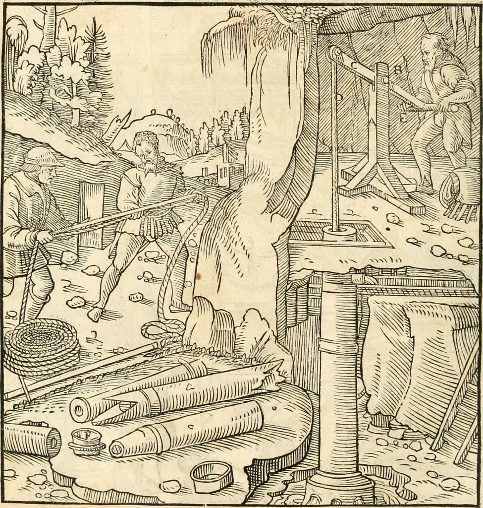 An illustration from Georgii Agricolae De re metallica libri XII. qvibus officia, instrumenta, machinae, ac omnia deni ad metallicam spectantia, non modo luculentissimè describuntur, sed & per effigies, suis locis insertas, adiunctis latinis, germanicis appellationibus ita ob oculos ponuntur, ut clarius tradi non possint. Eivsdem De animantibvs svbterraneis liber, ab autore recognitus: cum indicibus diuersis, quicqiuid in opere tractatum est, pulchré demonstrantibus, 1556, leaf 155