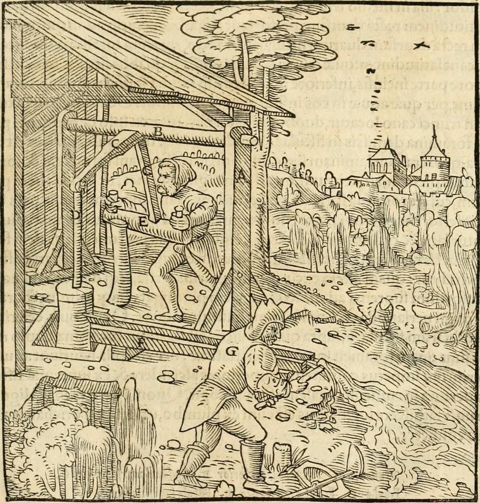 An illustration from Georgii Agricolae De re metallica libri XII. qvibus officia, instrumenta, machinae, ac omnia deni ad metallicam spectantia, non modo luculentissimè describuntur, sed & per effigies, suis locis insertas, adiunctis latinis, germanicis appellationibus ita ob oculos ponuntur, ut clarius tradi non possint. Eivsdem De animantibvs svbterraneis liber, ab autore recognitus: cum indicibus diuersis, quicqiuid in opere tractatum est, pulchré demonstrantibus, 1556, leaf 156