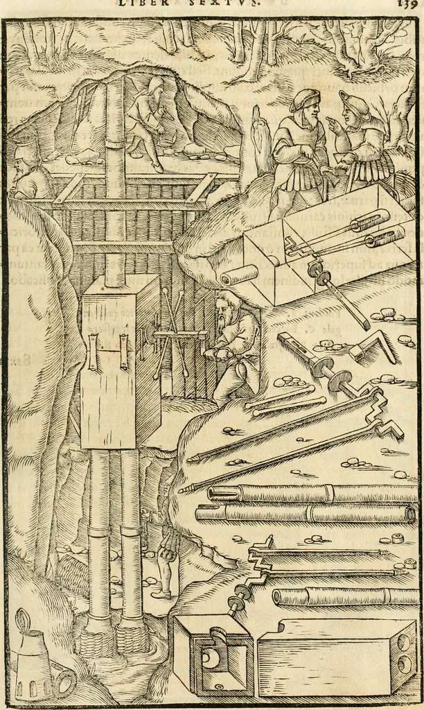 An illustration from Georgii Agricolae De re metallica libri XII. qvibus officia, instrumenta, machinae, ac omnia deni ad metallicam spectantia, non modo luculentissimè describuntur, sed & per effigies, suis locis insertas, adiunctis latinis, germanicis appellationibus ita ob oculos ponuntur, ut clarius tradi non possint. Eivsdem De animantibvs svbterraneis liber, ab autore recognitus: cum indicibus diuersis, quicqiuid in opere tractatum est, pulchré demonstrantibus, 1556, leaf 158