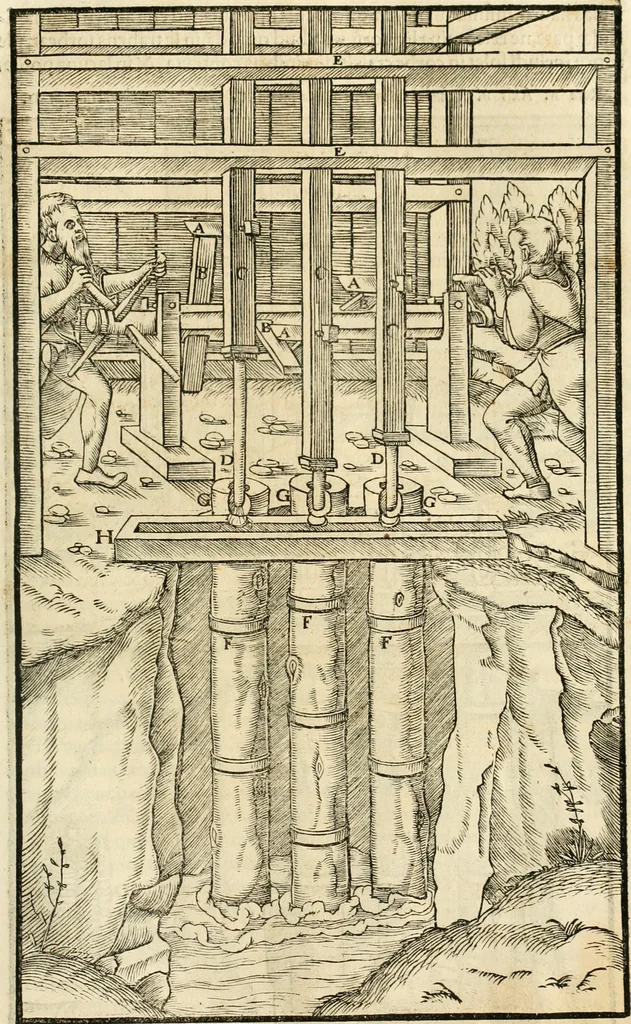An illustration from Georgii Agricolae De re metallica libri XII. qvibus officia, instrumenta, machinae, ac omnia deni ad metallicam spectantia, non modo luculentissimè describuntur, sed & per effigies, suis locis insertas, adiunctis latinis, germanicis appellationibus ita ob oculos ponuntur, ut clarius tradi non possint. Eivsdem De animantibvs svbterraneis liber, ab autore recognitus: cum indicibus diuersis, quicqiuid in opere tractatum est, pulchré demonstrantibus, 1556, leaf 160