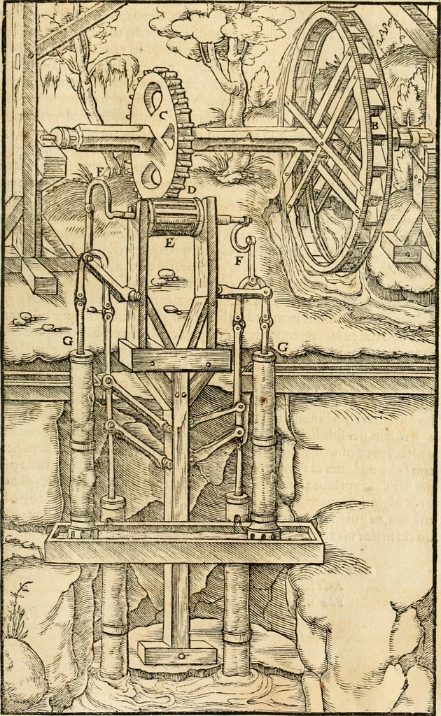 An illustration from Georgii Agricolae De re metallica libri XII. qvibus officia, instrumenta, machinae, ac omnia deni ad metallicam spectantia, non modo luculentissimè describuntur, sed & per effigies, suis locis insertas, adiunctis latinis, germanicis appellationibus ita ob oculos ponuntur, ut clarius tradi non possint. Eivsdem De animantibvs svbterraneis liber, ab autore recognitus: cum indicibus diuersis, quicqiuid in opere tractatum est, pulchré demonstrantibus, 1556, leaf 166
