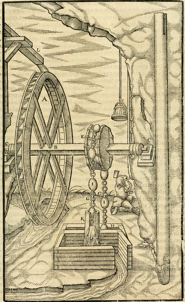 An illustration from Georgii Agricolae De re metallica libri XII. qvibus officia, instrumenta, machinae, ac omnia deni ad metallicam spectantia, non modo luculentissimè describuntur, sed & per effigies, suis locis insertas, adiunctis latinis, germanicis appellationibus ita ob oculos ponuntur, ut clarius tradi non possint. Eivsdem De animantibvs svbterraneis liber, ab autore recognitus: cum indicibus diuersis, quicqiuid in opere tractatum est, pulchré demonstrantibus, 1556, leaf 168