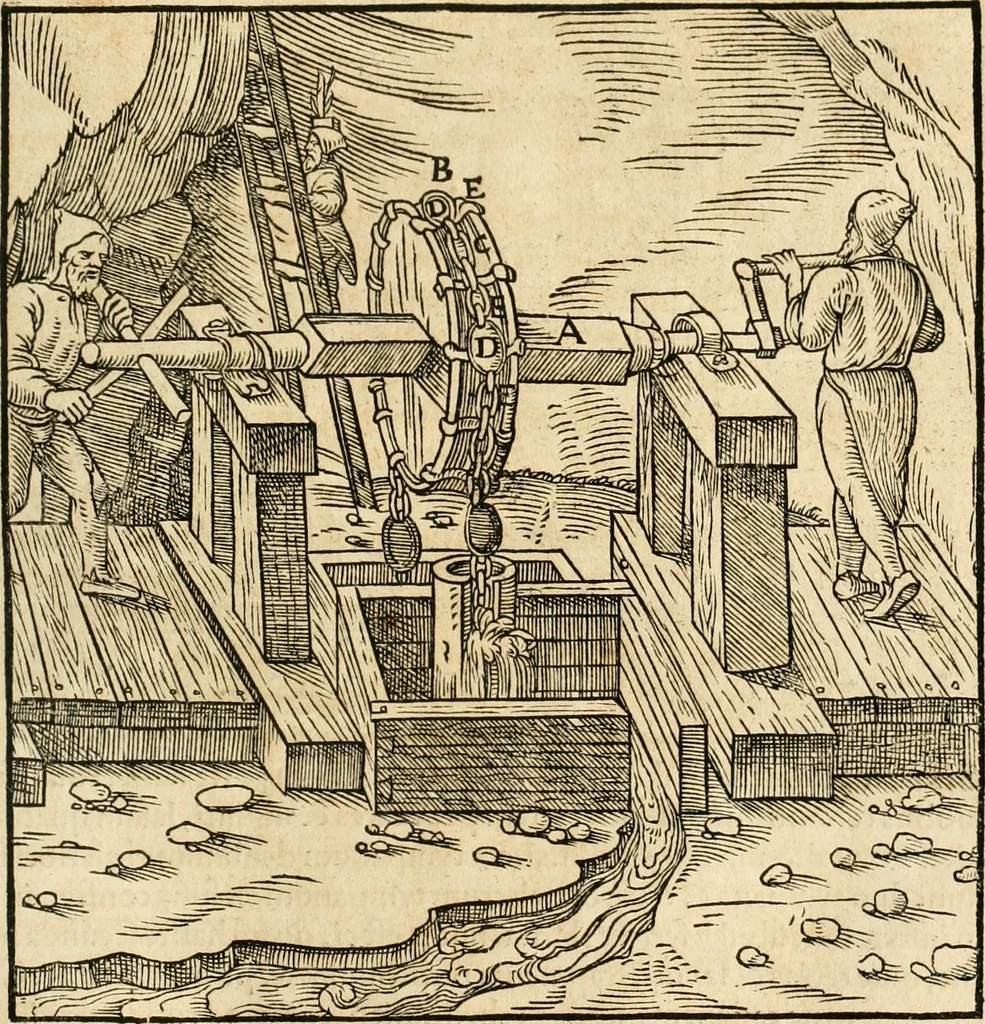 An illustration from Georgii Agricolae De re metallica libri XII. qvibus officia, instrumenta, machinae, ac omnia deni ad metallicam spectantia, non modo luculentissimè describuntur, sed & per effigies, suis locis insertas, adiunctis latinis, germanicis appellationibus ita ob oculos ponuntur, ut clarius tradi non possint. Eivsdem De animantibvs svbterraneis liber, ab autore recognitus: cum indicibus diuersis, quicqiuid in opere tractatum est, pulchré demonstrantibus, 1556, leaf 172
