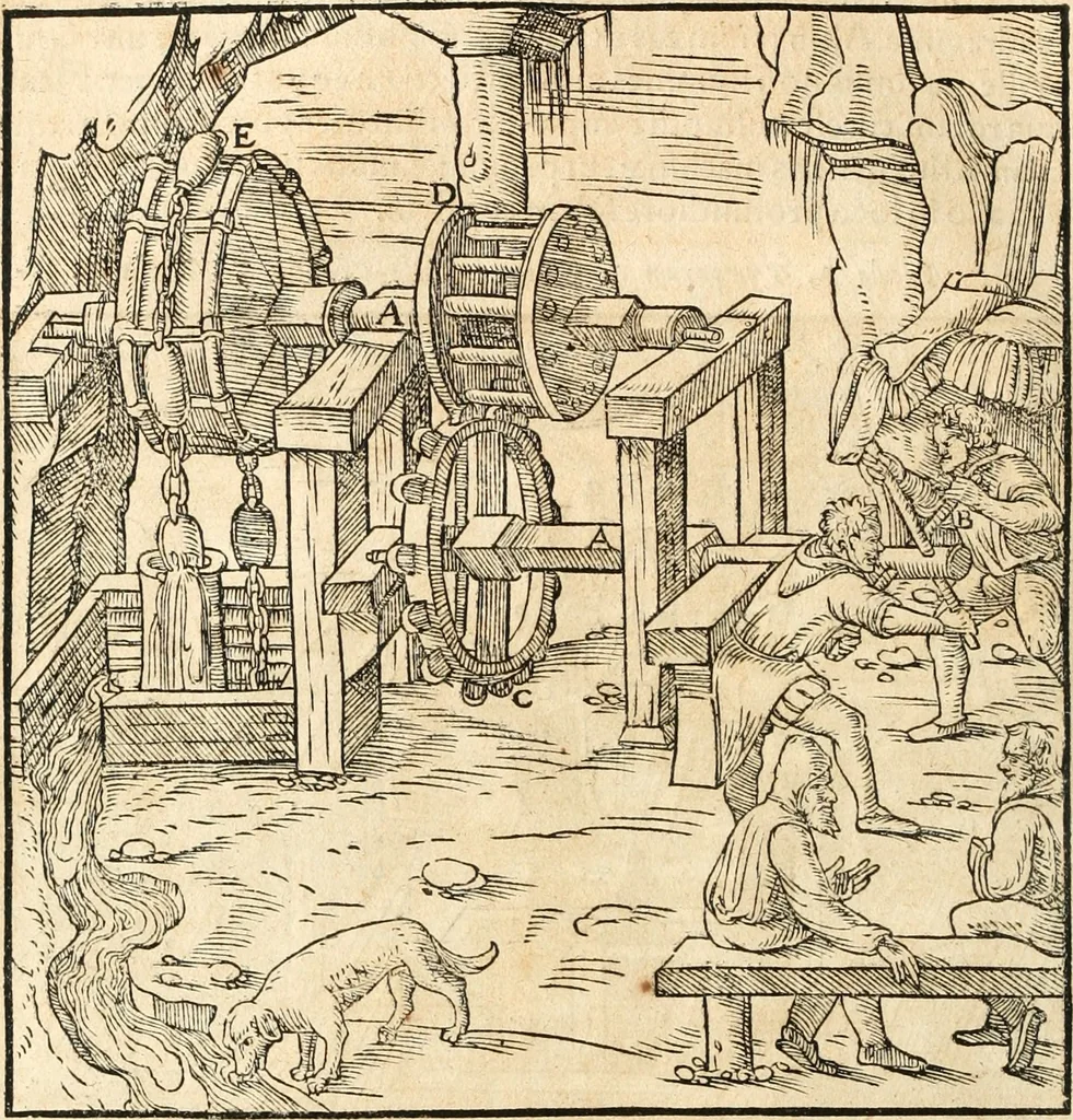 An illustration from Georgii Agricolae De re metallica libri XII. qvibus officia, instrumenta, machinae, ac omnia deni ad metallicam spectantia, non modo luculentissimè describuntur, sed & per effigies, suis locis insertas, adiunctis latinis, germanicis appellationibus ita ob oculos ponuntur, ut clarius tradi non possint. Eivsdem De animantibvs svbterraneis liber, ab autore recognitus: cum indicibus diuersis, quicqiuid in opere tractatum est, pulchré demonstrantibus, 1556, leaf 173