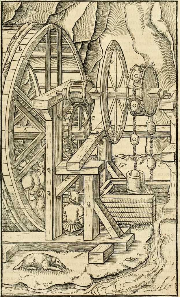 An illustration from Georgii Agricolae De re metallica libri XII. qvibus officia, instrumenta, machinae, ac omnia deni ad metallicam spectantia, non modo luculentissimè describuntur, sed & per effigies, suis locis insertas, adiunctis latinis, germanicis appellationibus ita ob oculos ponuntur, ut clarius tradi non possint. Eivsdem De animantibvs svbterraneis liber, ab autore recognitus: cum indicibus diuersis, quicqiuid in opere tractatum est, pulchré demonstrantibus, 1556, leaf 174
