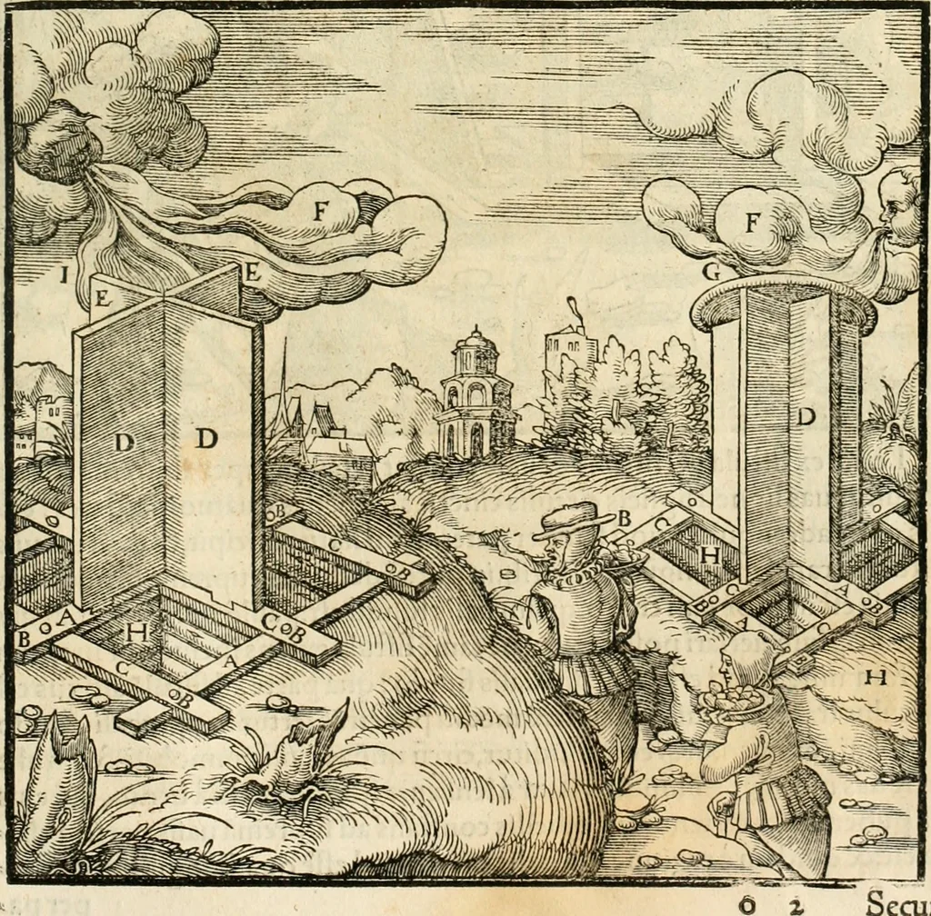 An illustration from Georgii Agricolae De re metallica libri XII. qvibus officia, instrumenta, machinae, ac omnia deni ad metallicam spectantia, non modo luculentissimè describuntur, sed & per effigies, suis locis insertas, adiunctis latinis, germanicis appellationibus ita ob oculos ponuntur, ut clarius tradi non possint. Eivsdem De animantibvs svbterraneis liber, ab autore recognitus: cum indicibus diuersis, quicqiuid in opere tractatum est, pulchré demonstrantibus, 1556, leaf 178