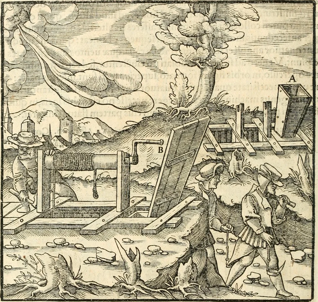 An illustration from Georgii Agricolae De re metallica libri XII. qvibus officia, instrumenta, machinae, ac omnia deni ad metallicam spectantia, non modo luculentissimè describuntur, sed & per effigies, suis locis insertas, adiunctis latinis, germanicis appellationibus ita ob oculos ponuntur, ut clarius tradi non possint. Eivsdem De animantibvs svbterraneis liber, ab autore recognitus: cum indicibus diuersis, quicqiuid in opere tractatum est, pulchré demonstrantibus, 1556, leaf 179